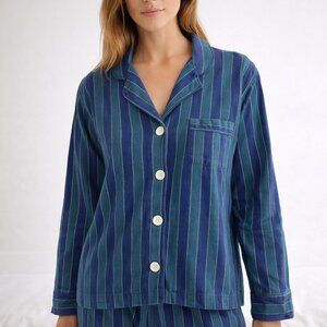 Sleepy Jones Marina Pajama Top Blue Teal Stripe Cotton Flannel Size S
